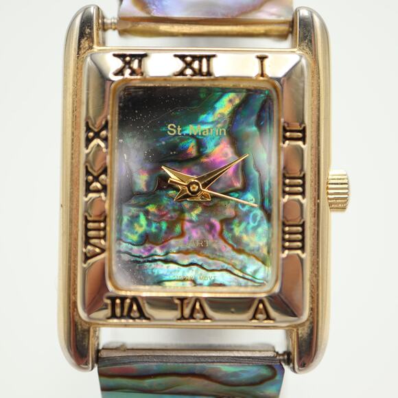 Vintage St Marin Abalone Gold Tone Tank 22mm Watch Stretch Band w New Battery - Picture 7 of 14